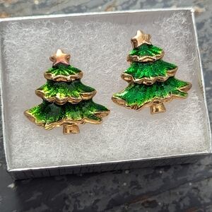 🎄 Vintage Christmas Tree Earrings enamel gold plated star solid thick weighty